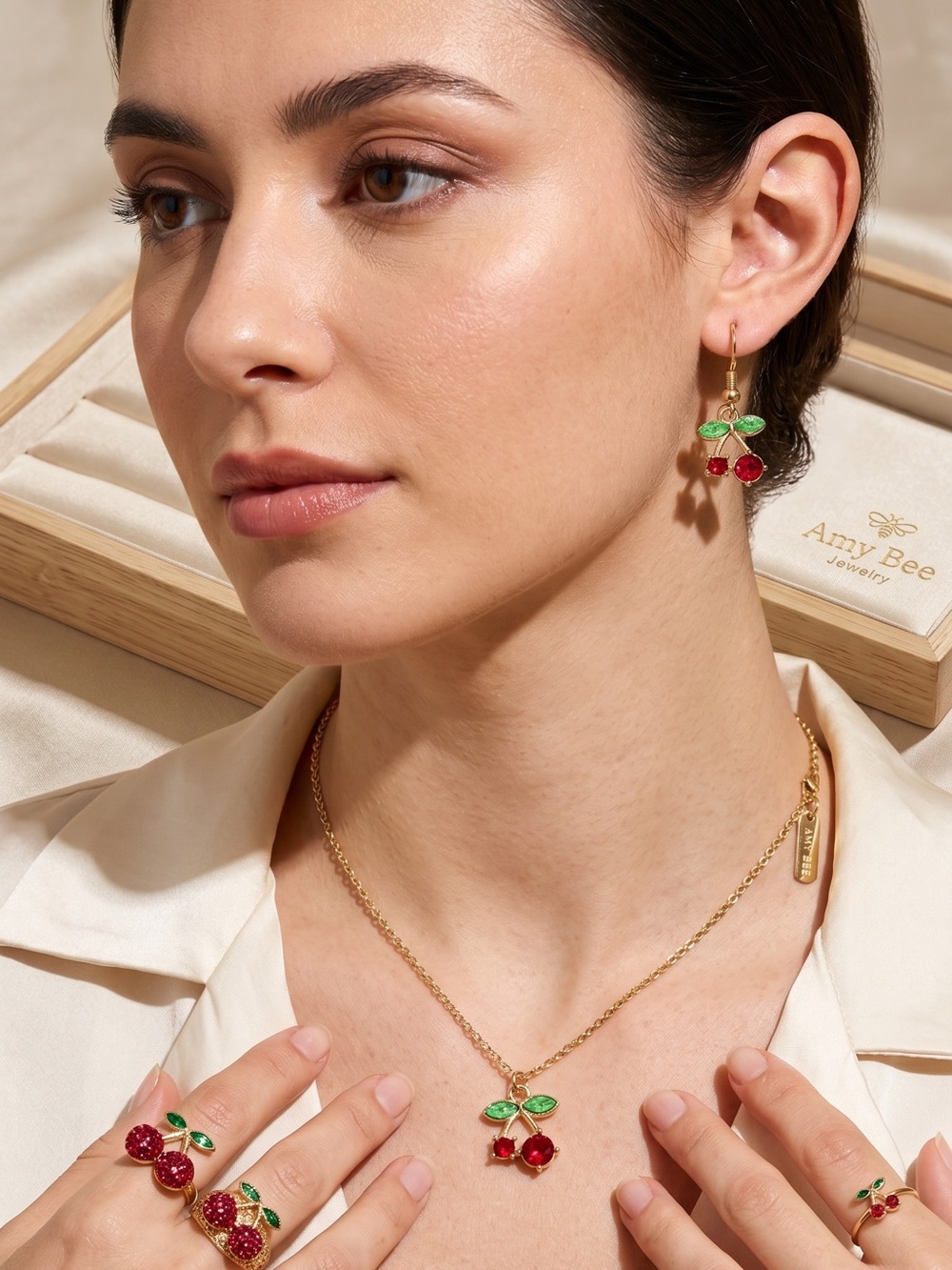 14k Gold Plated Cherry Drop Earrings with Red and Green Crystals. New. - Picture 4 of 8